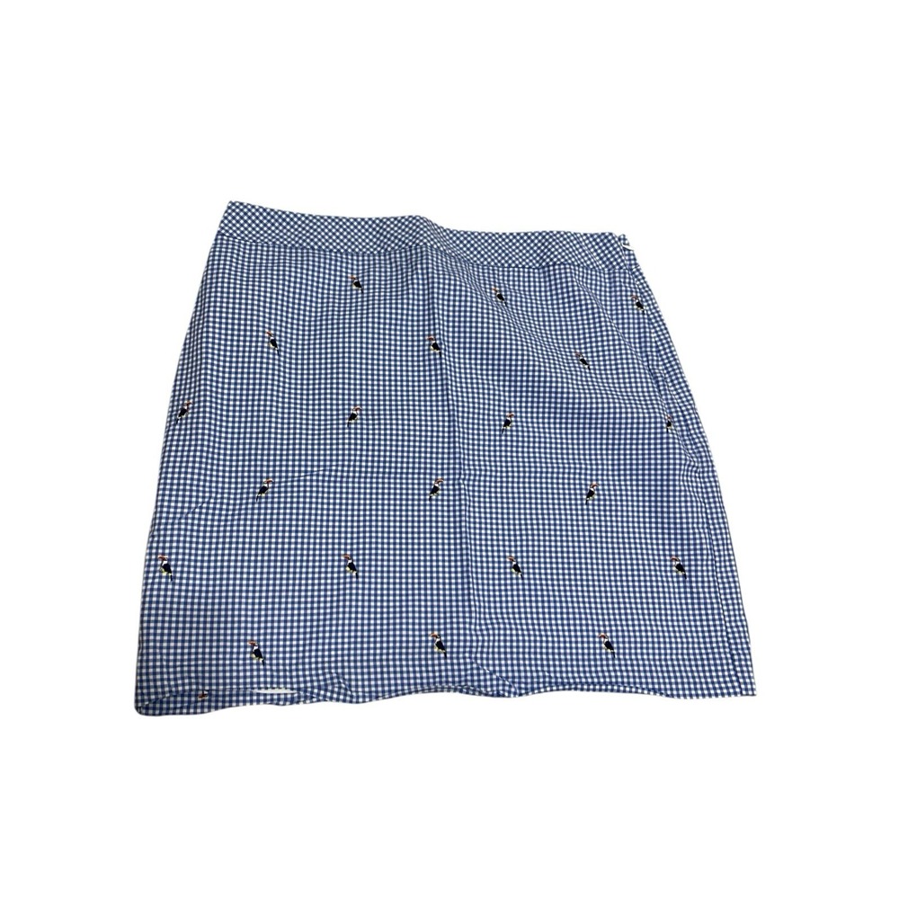 Talbots Skirt Gingham 14 Blue‎ Checked Cotton Lined Embroidered Birds Side Zip
